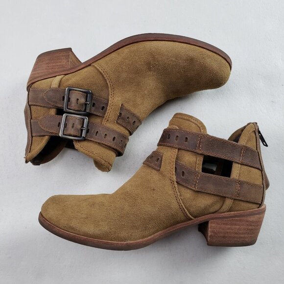 Ugg Patsy Ankle Boot Womens 7 Chesnut Suede Shearling Lined Boho Moto Buckle Zip - Picture 3 of 15